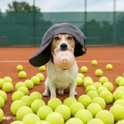Ein Hund mit heruntergeklapptem Hut, umgeben von Tennisbällen