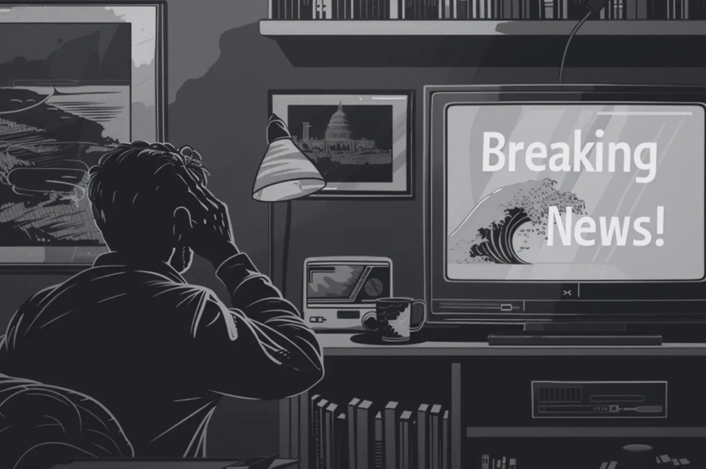 Mann greift sich an den Kopf vor einem Fernseher, der „Breaking News!“ und eine Flutwelle zeigt