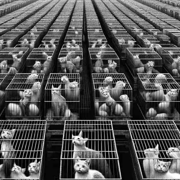 Many cats sit in rows of cages