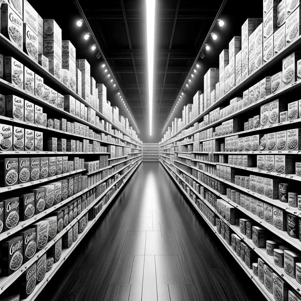 Hyperrealistic black-and-white photo of a supermarket aisle lined with an endless variety of cereal boxes