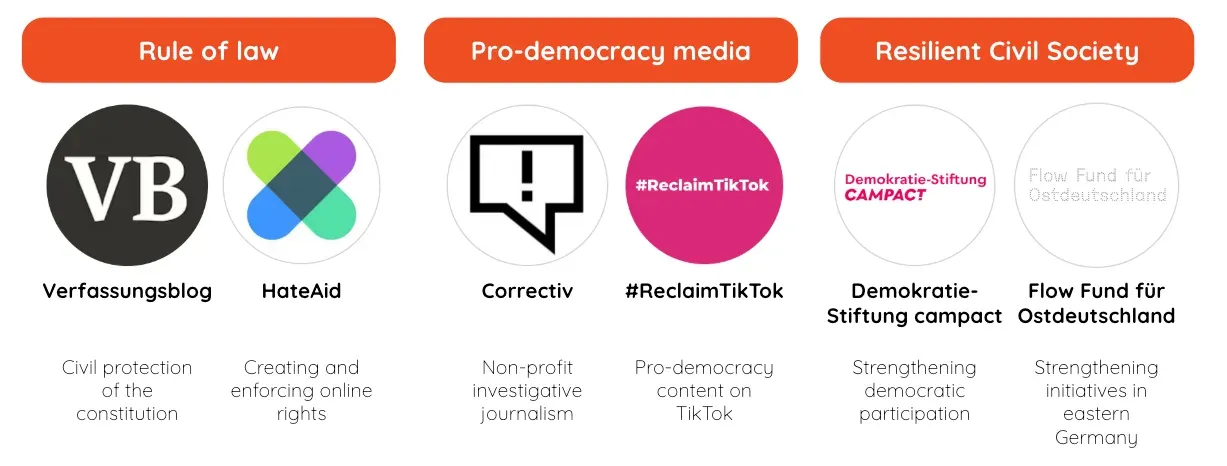 Funded organizations for democracy: Verfassungsblog and HateAid (rule of law), Correctiv and #ReclaimTikTok (pro-democracy media), Demokratie-Stiftung Campact and Flow Fund (civil society)