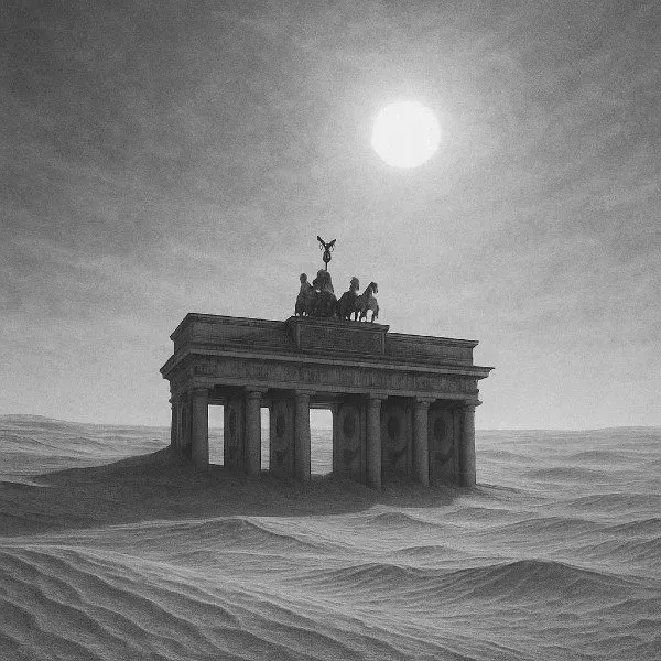 Surreal illustration: the Brandenburg Gate rising from an endless desert of sand dunes under a glaring sun