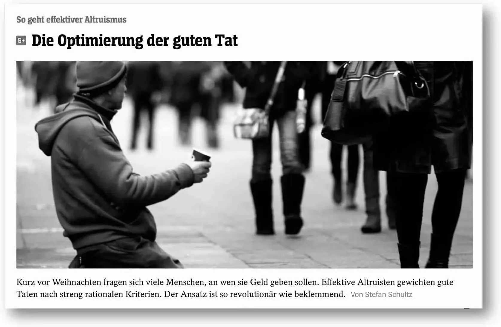 Screenshot von einem Spiegel Online Artikel in dem es um Effektiven Altruismus geht mit dem Titel: Die Optimierung der guten Tat. 