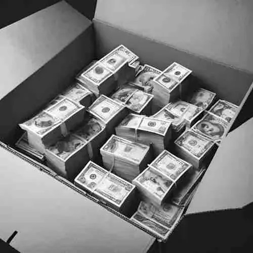 A box full of bundled dollar bills