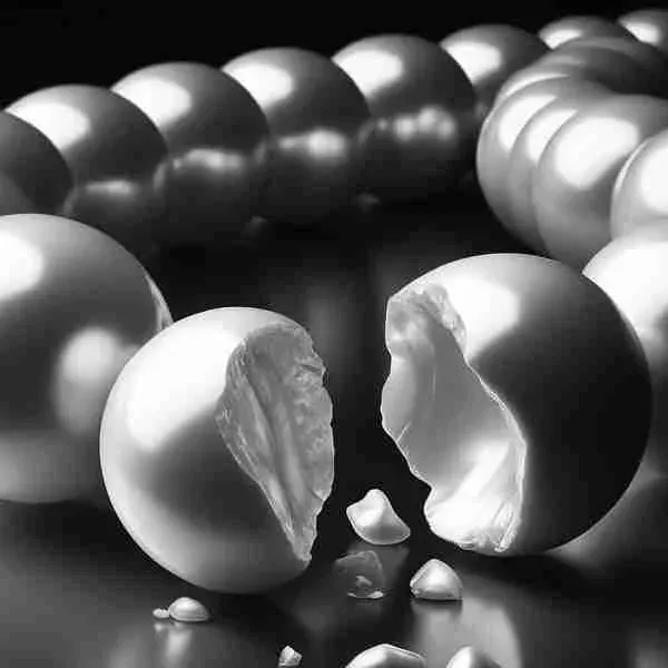 Pearl necklace with one broken pearl, symbolising the Glückskette chain of solidarity