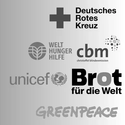 Logos großer Hilfsorganisationen wie DRK, Welthungerhilfe, cbm, UNICEF, Brot für die Welt und Greenpeace