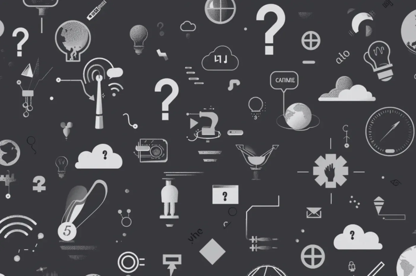 Fragezeichen, Glühbirnen, Wolken und Technik-Symbole auf dunklem Grund