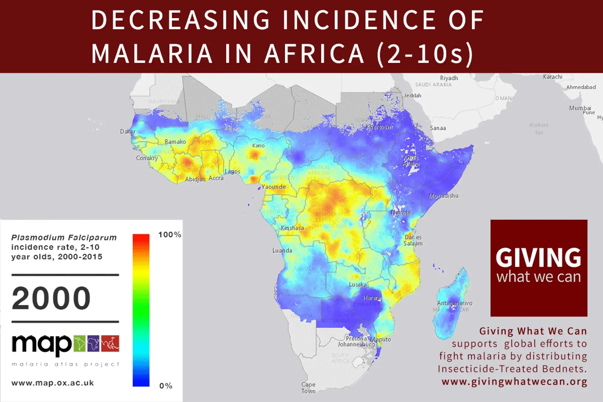 Map: declining malaria incidence in Africa from 2000 to 2015, with the sharpest drops in southern Africa