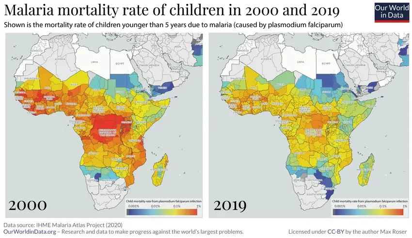 Karte: Malaria-Sterblichkeitsrate bei Kindern unter 5 Jahren in Afrika 2000 im Vergleich zu 2019, deutlich rückläufig