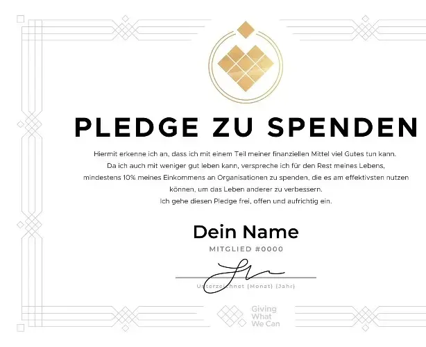 Pledge certificate: donate at least 10% of income for life to the most effective organizations