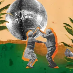 Collage: ein Paar tanzt unter einer Discokugel