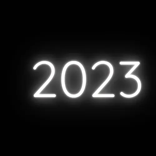 Neon sign reading “2023”