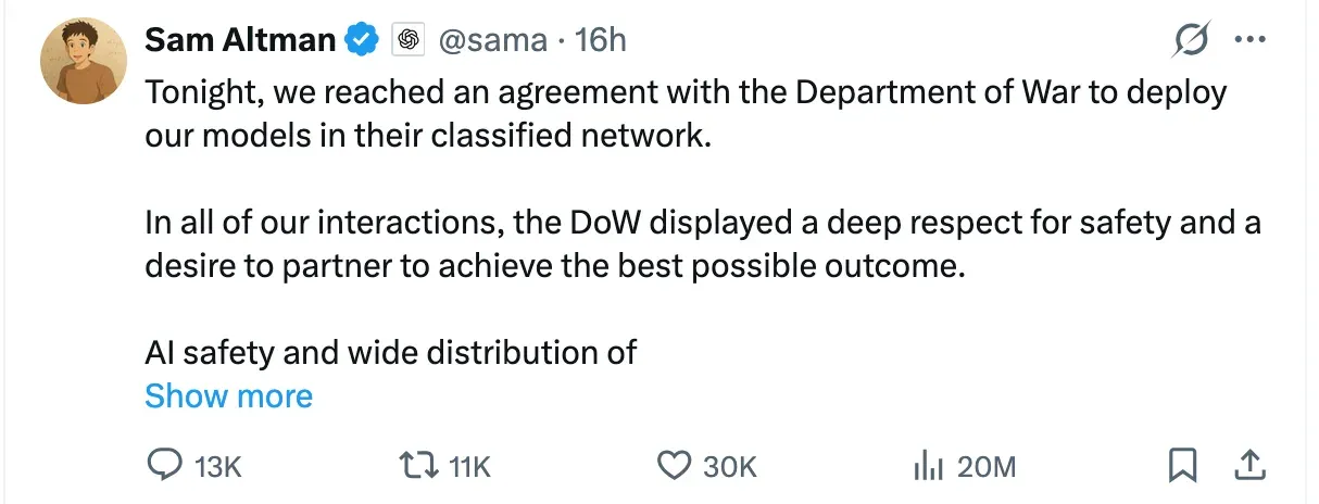 Tweet from Sam Altman announcing OpenAI's agreement with the US Department of War to deploy its models on its classified network