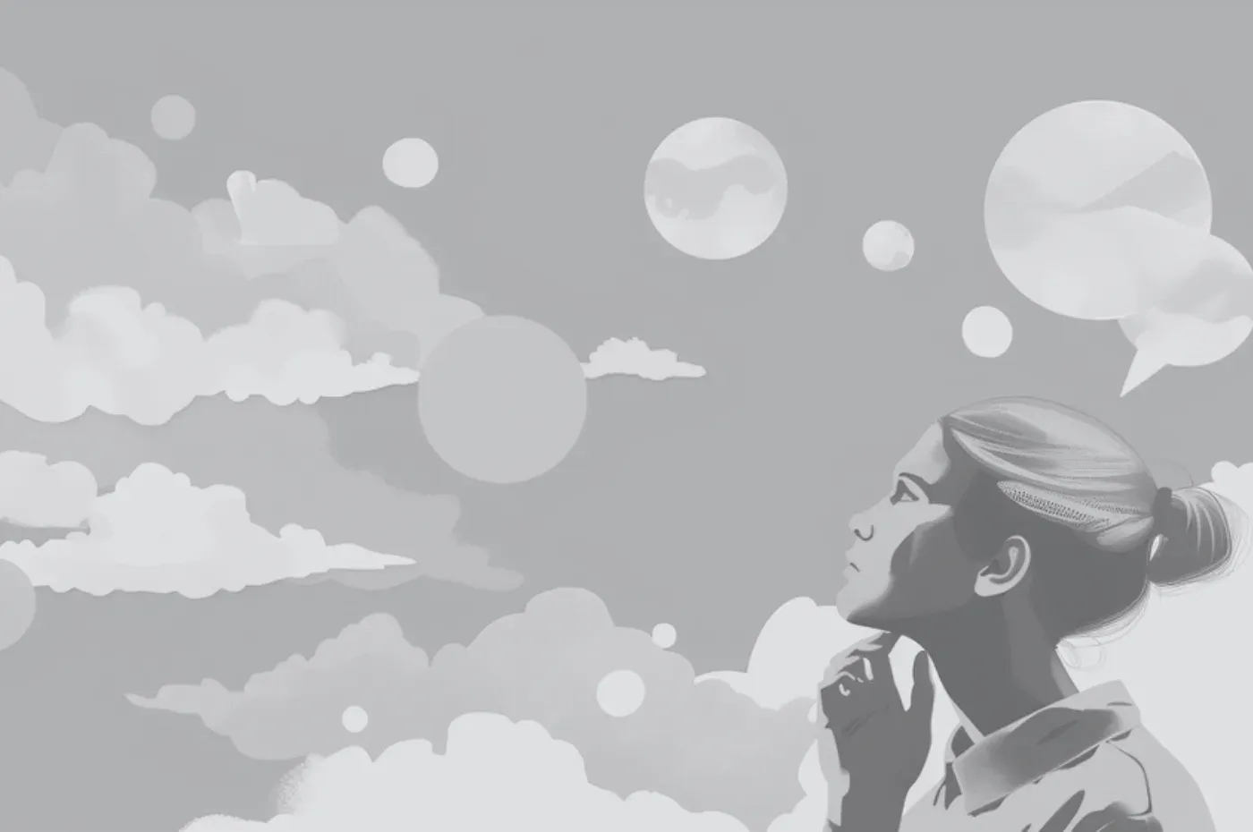 Illustration einer nachdenklichen Frau, die zu Wolken und Denkblasen am Himmel aufblickt