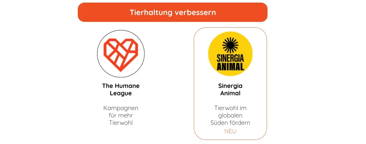 Empfohlene Organisationen zur Tierhaltung verbessern: The Humane League und Sinergia Animal (neu)