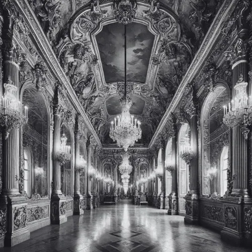 Black-and-white photo of an ornate hall of mirrors with chandeliers and a stucco ceiling