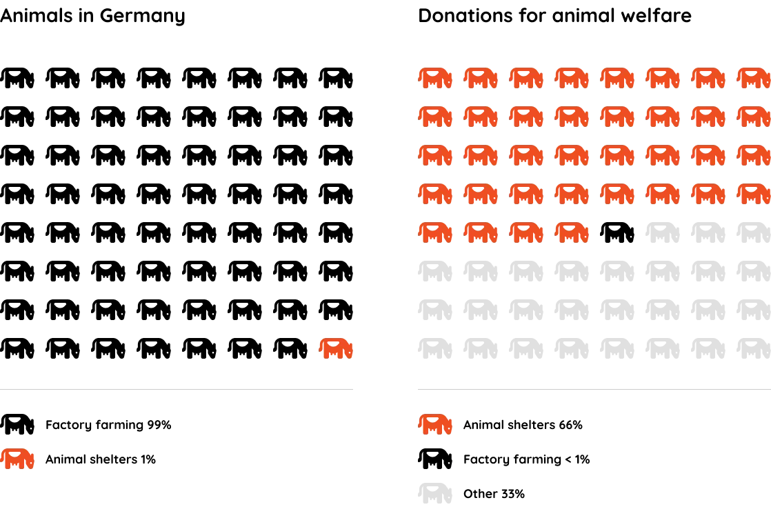 Chart: 99% of animals in Germany live in factory farming, but only 1% of donations for animal welfare go to this area – 66% go to animal shelters