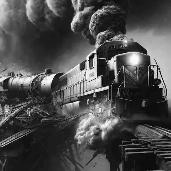 Symbolic image: a train racing through a cloud of smoke and debris