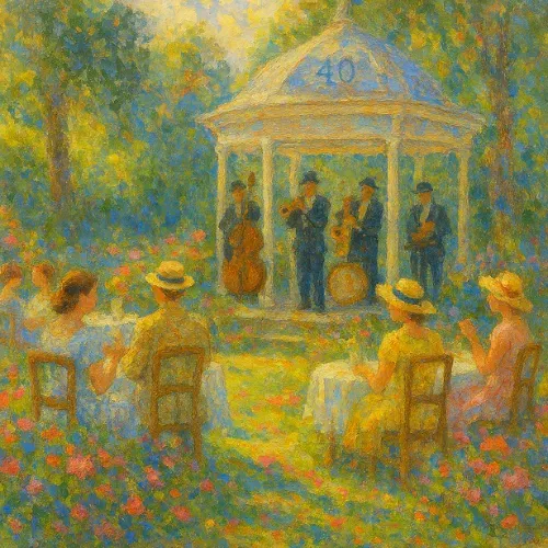 Gemälde einer Gartenparty mit Musikkapelle im Pavillon und der Zahl 40