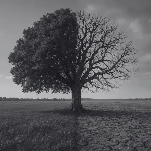 A tree, half green and leafy, half bare over dry, cracked ground