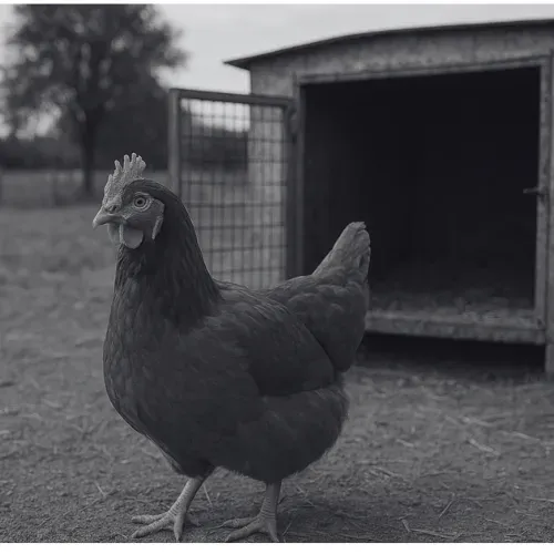 Ein Huhn steht auf einem Bauernhof vor einem Stall
