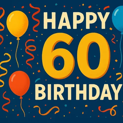 Illustration „Happy 60th Birthday“ mit Luftballons und Konfetti
