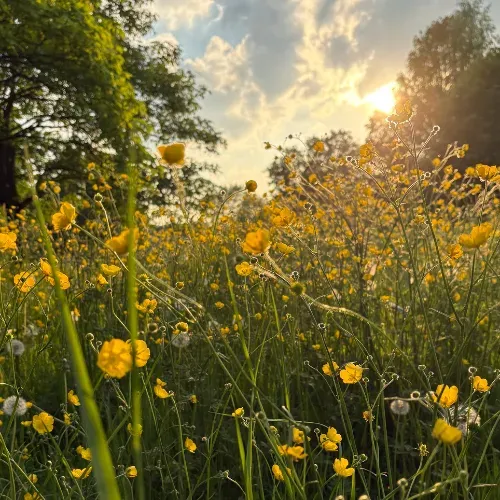 Blühende Wiese mit gelben Butterblumen im Abendlicht