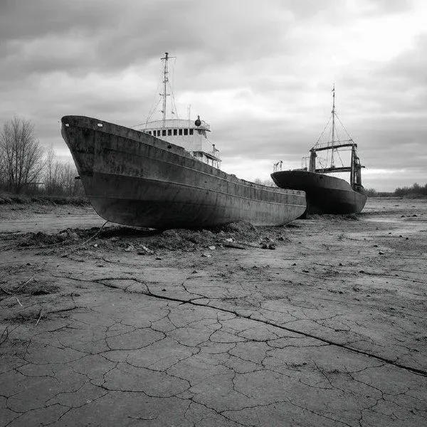 Stranded cargo ships in a dried-out, cracked riverbed