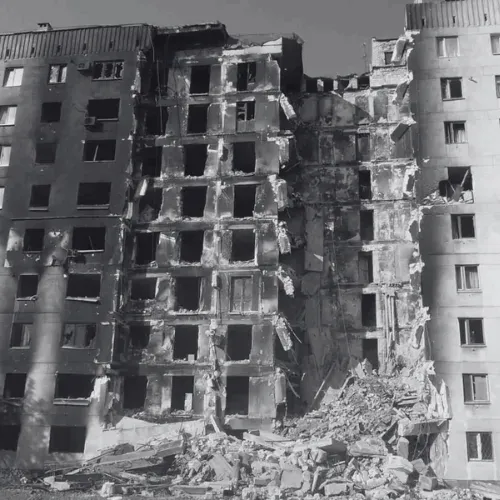 Durch Beschuss zerstörtes Wohnhaus in der Ukraine