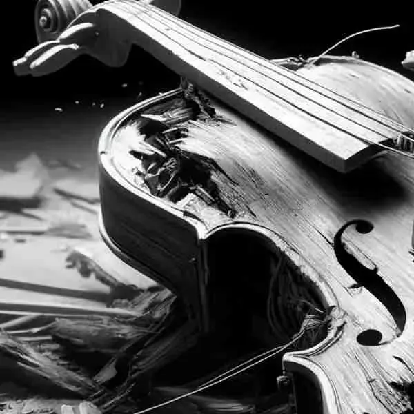 Black-and-white close-up photo of a shattered, badly damaged violin