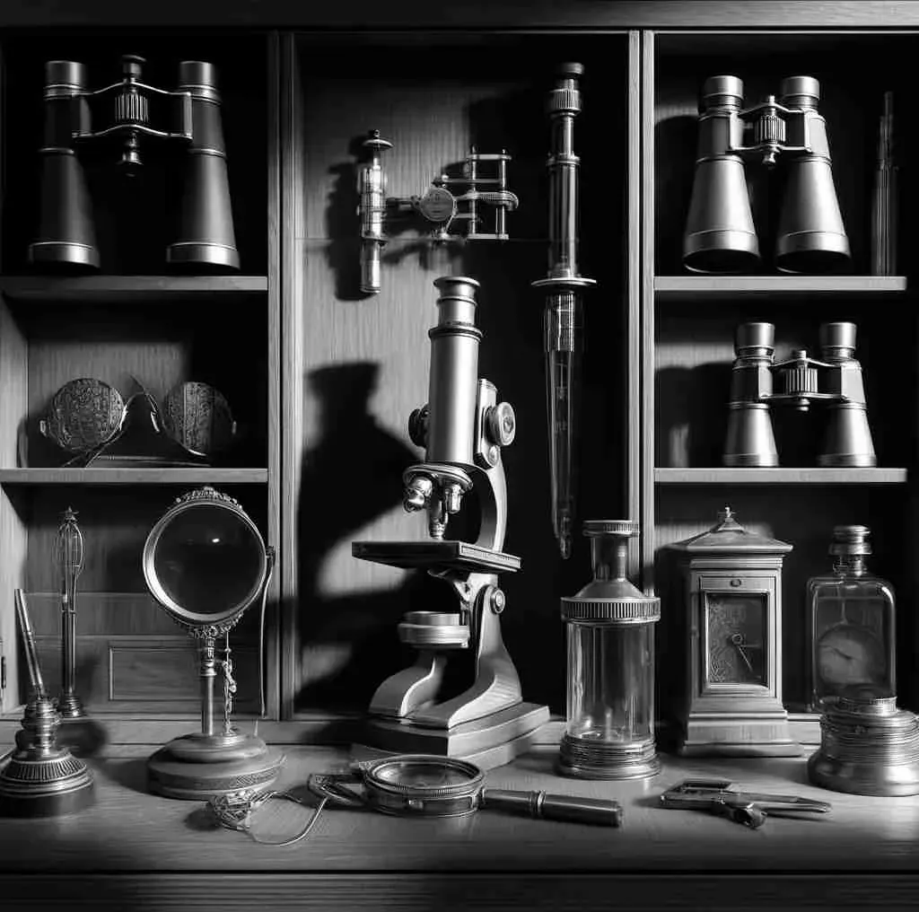 Vitrine mit antiken wissenschaftlichen Instrumenten wie Mikroskop, Ferngläsern und Uhren
