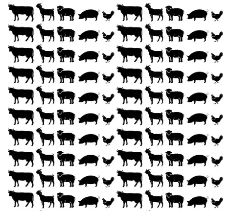 Sich wiederholendes Muster aus Silhouetten von Kühen, Ziegen, Schweinen und Hühnern