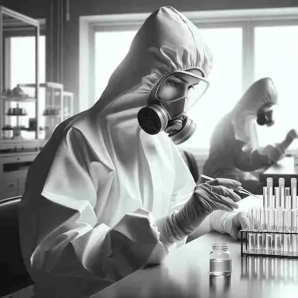 Ein ultrarealistisches Schwarz-Weiß-Foto eines fleißigen Wissenschaftlers für Infektionskrankheiten in einem Labor (erstellt mit DALL·E)