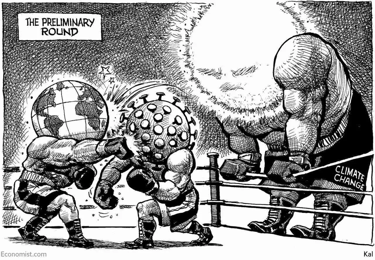 Comic, in welchem die Welt in einem Boxring gegen Corona kämpft, während außerhalb des Boxringes ein viel größerer Gegner mit dem Namen Climate Change wartet. 