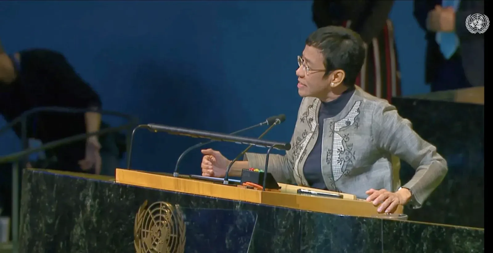 Nobel Peace Prize laureate speaking at the United Nations podium