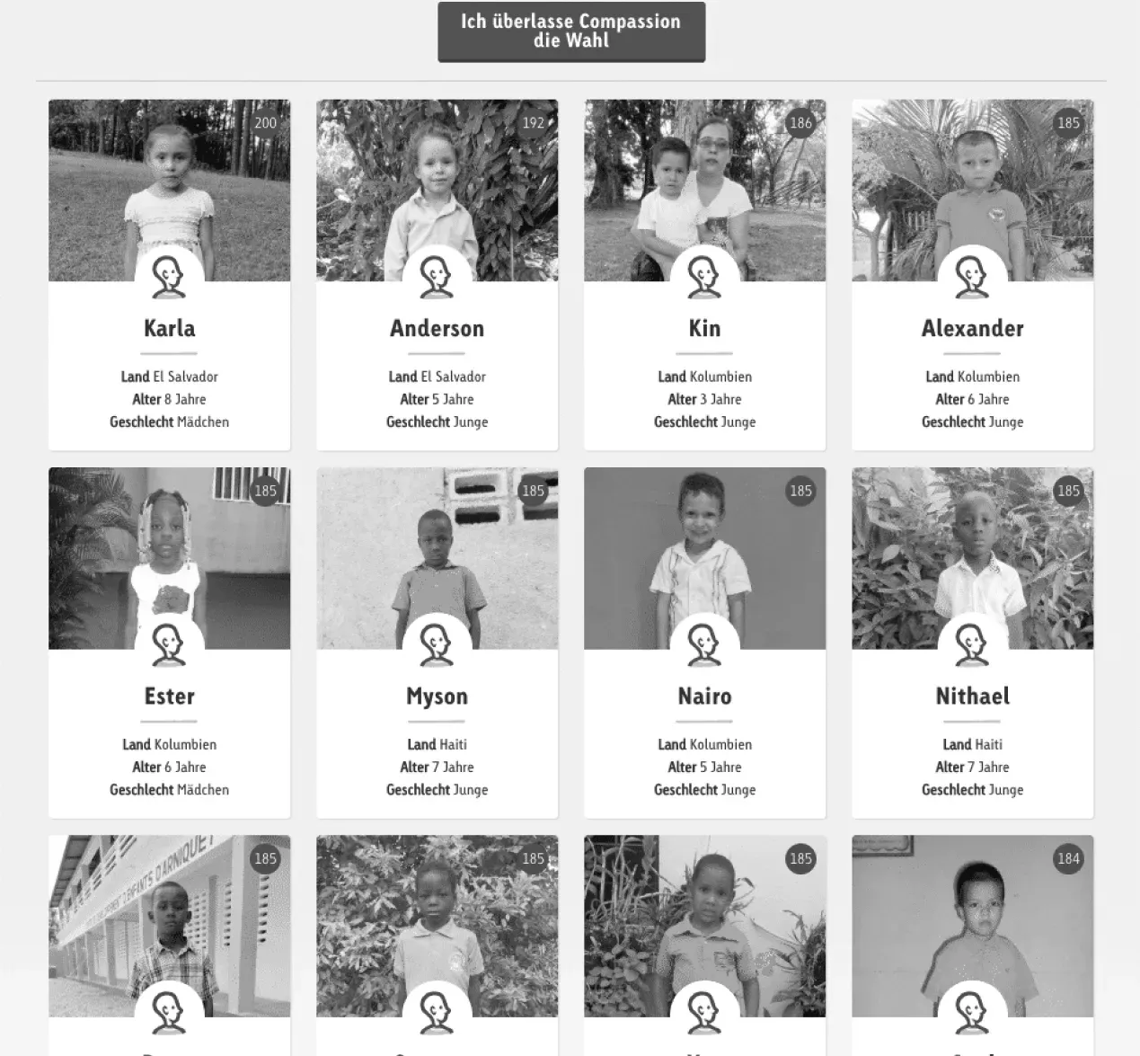 Screenshot of a page for child sponsorships showing 12 profiles of children with information on their name, age, gender and origin.