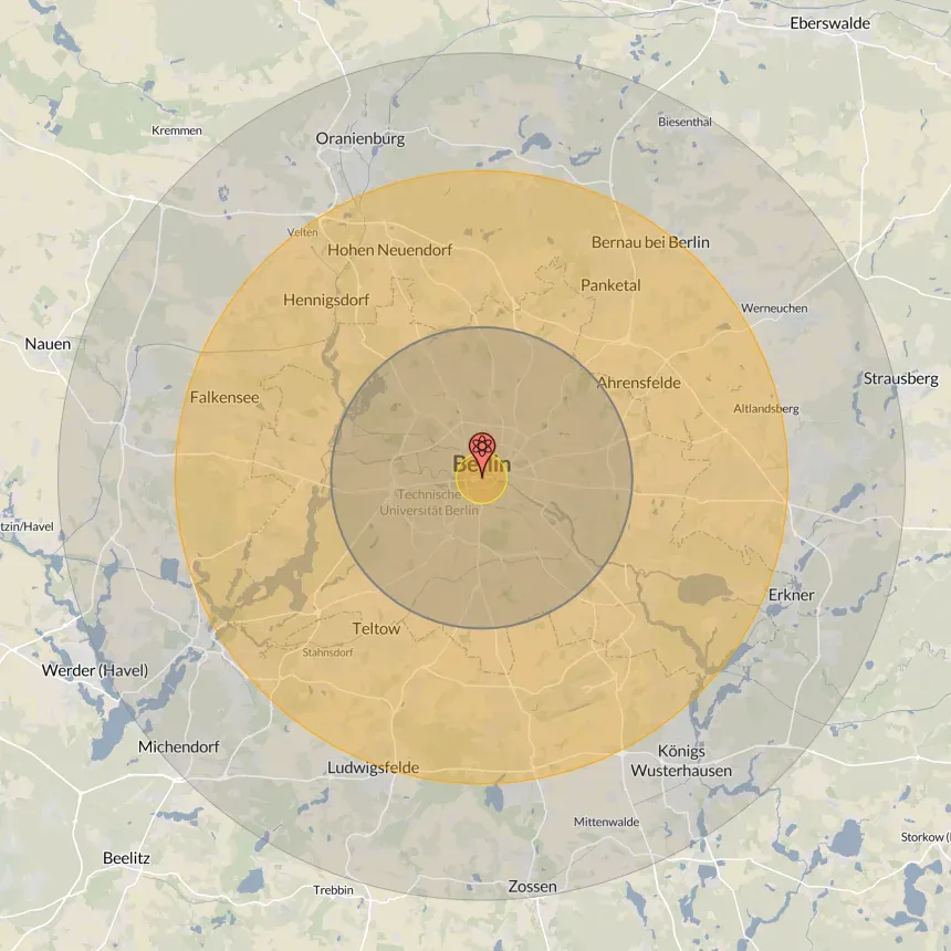 NUKEMAP simulation of a nuclear weapon detonation over Berlin, shown with concentric damage radii
