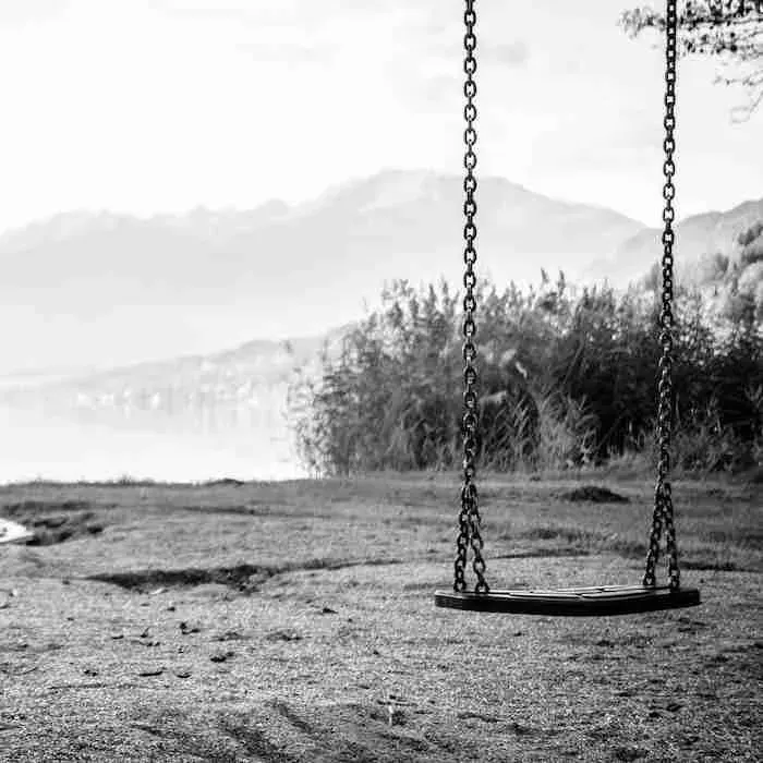 Abandoned swing by a lake