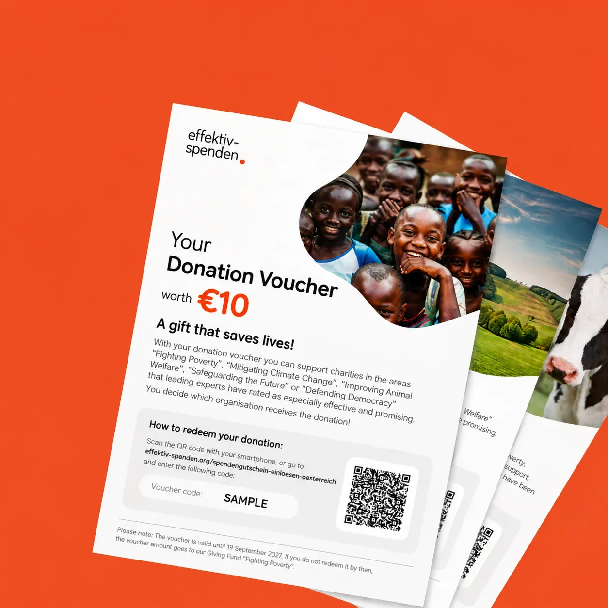 Printed donation vouchers worth €10, showing smiling children and a QR code to redeem them